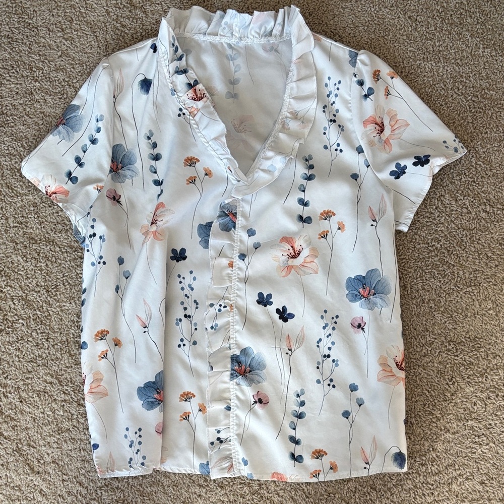 SHEIN White Floral Button Down Shirt